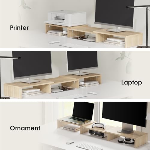 FITUEYES Dual Monitor Stand Riser, Adjustable Length and Angle, Oak - color: Oak