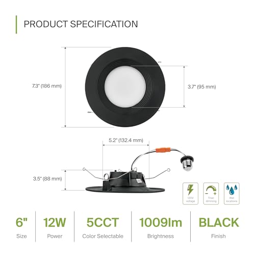 ASD 6 Pack Black Retrofit LED Recessed Lighting 6 Inch - 12W 2700K-5000K 1009LM Can Lights for Ceiling 6 Inch, Dimmable Black Recessed Lights, Baffle Trim Wet Rated Wafer Lights, UL - color: Black Baffle, size: 6 Pack