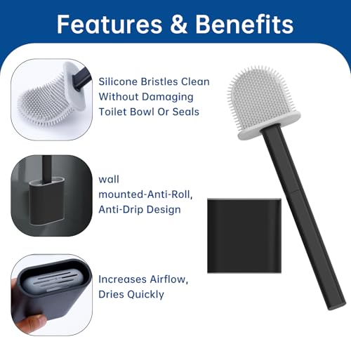 TEITEAI RV Toilet Bowl Brush - Silicone Bristles, Gentle on Toilets | Wall-Mounted for RVs, Trailers, Campers | Anti-Roll, Anti-Drip Design for Travel-Friendly Convenience
