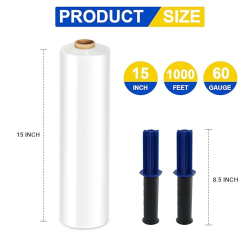 RAZCC Stretch Film, Industrial Strength Stretch Wrap for Pallet Wrap, Heavy Duty Clear Plastic Wrap with Handles, Moving Wrapping Plastic Roll, 15 Inch x 1000 Feet, 60 Gauge, 1 Pack - size: 1 Roll