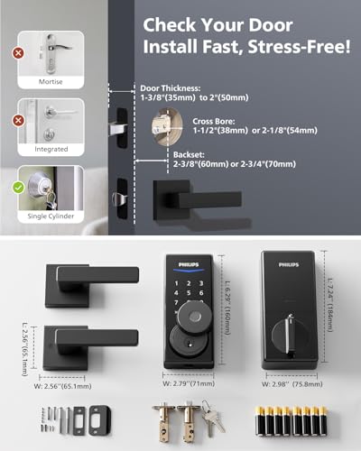Philips Fingerprint Door Lock, WiFi Front Door Lock Set with Touchscreen - color: Matte Black, style: WiFi Lock Set