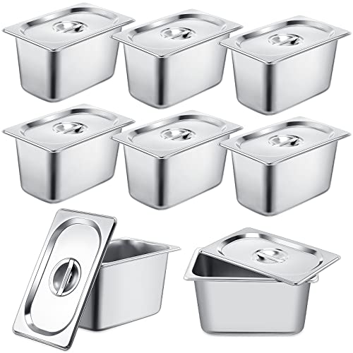 8 Pack Stainless Steam Hotel Pan 6 Deep Steam Table Pan with Lid 0.8 mm Thick Stainless Steel Restaurant Anti Clogging Steamer for Party, Restaurant, Hotel(1/4 Size) - size: 1/4 Size