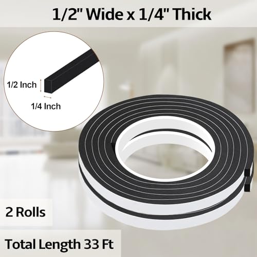 1/2 Inch W x 1/4 Inch T EVA Foam Weather Stripping Tape,Self-Adhesive Seal Tape for Doors & Windows-Draft Blocker,Soundproofing,Waterproof Insulation Foam,2 Rolls Total 33FT Black - color: Black, size: 1/2 IN x 1/4 IN x 33FT