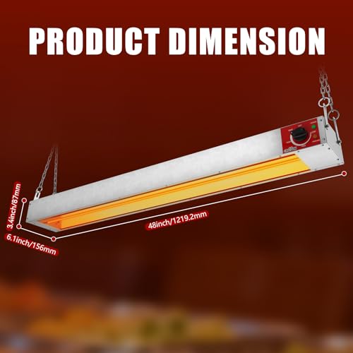 CROSSON 48 Inch Food Heat Lamp Overhead Strip Heater with German EGO Thermostat,Commercial Hanging Heating Lamp for Food Warming,Suspended Chain and Undermount Brackets,1200W - size: 48inch