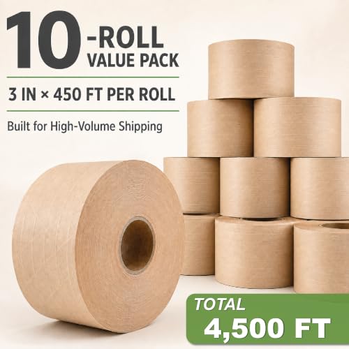 LAUCO Gummed Paper Tape 3" x 450' – Water Activated Kraft Packing Tape with Fiberglass Reinforcement – Heavy Duty, Tamper Evident Shipping Tape – Biodegradable – 10 Rolls 36107