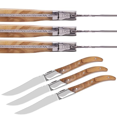 LUVCOSY Laguiole Style Steak Knife Set of 6, Non-serrated Steak Knife Set with Olive Wood Handle, Sharp Stainless Steel Steak Knives with Gift Box, Dinner Cutlery Set for Home Party - color: Olive Wood Handle