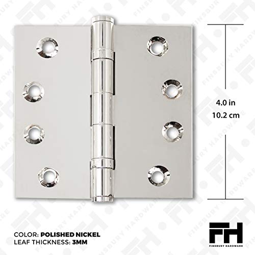 Solid Brass Door Hinge Heavy Duty Ball Bearing Shiny Silver 4x4 Inch with Decorative Screw-on Tips Included - Set of 4 Hinges (Polished Nickel) - color: Polished Nickel