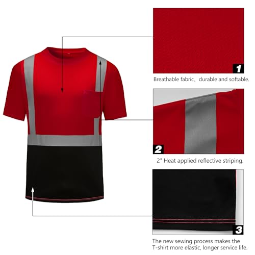 High Visibility Shirts Quick Dry Safety T Shirts with Reflective Strips and Pocket Short Sleeve Mesh Hi Vis Construction Work Class 2 Shirt for Men/Women Black Bottom Red,Small - color: Red, size: Small