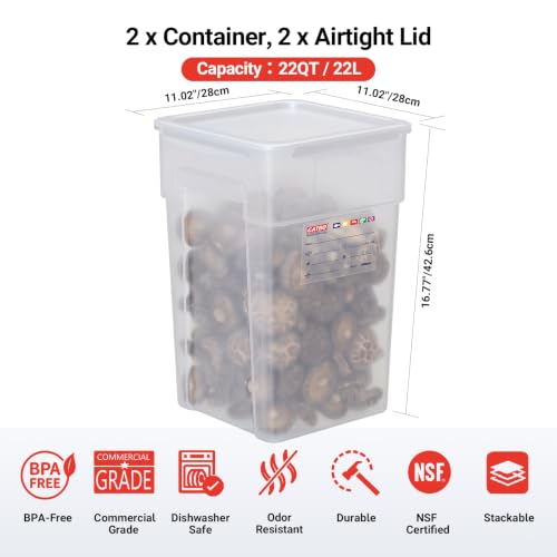 2 Pack 22 QT Commercial Airtight Food Storage Containers, BPA-Free Translucent Polypropylene, High-Capacity Bulk Ingredient Bin for Commercial Kitchens - size: 2 X 22.0(QT)