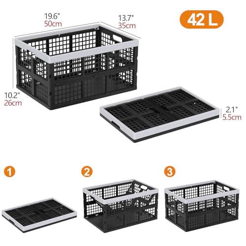2 Pack 42 L Collapsible Crate Storage, Plastic Folding Storage Crates for Car Trunk, Grocery, Moving, Home & Office - size: 19.6" x 13.7" x 10.2"