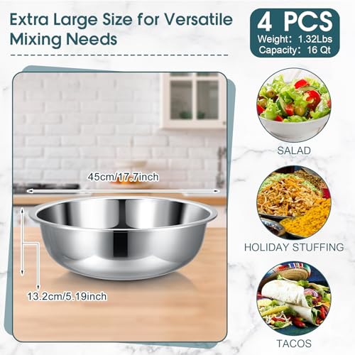 Nuogo 4 Pcs Stainless Steel Mixing Bowls Large for Salad, 18 Inch 16 Qt - size: 18 Inch (16 Qt)