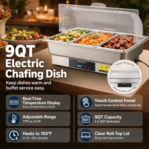 Electric Buffet Server Set with Touch Control, 9QT Three-Section Food Pan (3 × 3QT), Stainless Steel Roll Top Chafing Dish for Catering Buffet - size: 608-Triple Pan