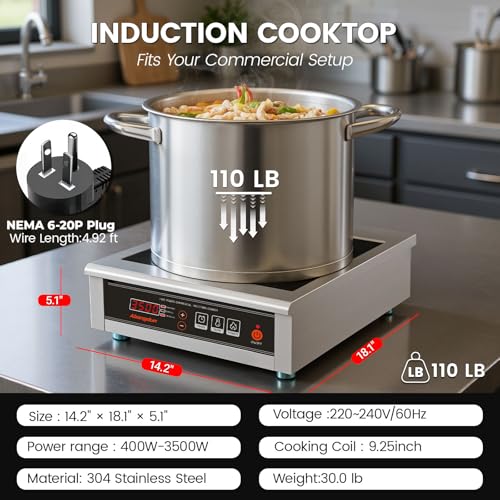 3500W Commercial Induction Cooktop, 220V Single Countertop Burner - size: 3500W/220V