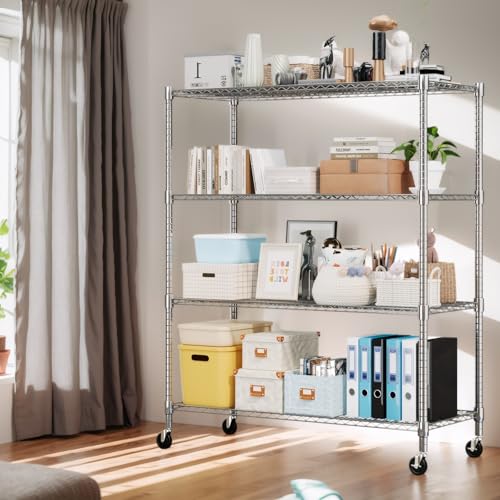Himimi Storage Shelves 60"W Wire Shelving with Wheels 2600LBS Heavy Duty Metal Shelves for Storage, 4-Tier Adjustable Wire Rack Shelving Garage Shelving Kitchen Storage Shelves 24"Dx60"Wx72"H, Silver - color: Silver, size: 24"D×60"W×72"H, 4-Tier