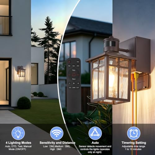 Porch Light with GFCI Outlet with Remote,Dusk to Dawn Motion Sensor Outdoor Light,Upgraded 4 Lighting Modes Brown Front Door Light,Waterproof Outside Lights for House Patio Garage Entryway, 1 Pack - color: Brown (with Remote) 1-Pack