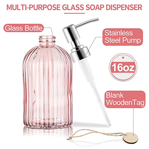 MOCLIF 16OZ Fashion Stripe Clear Glass Refillable Soap Dispenser with 304 Stainless Steel Pump Premium Soap Dispenser, for Kitchen, Bathroom, Hand Sanitizer, Liquid Soap, Lotion, etc. (Clear Pink) - color: Pink