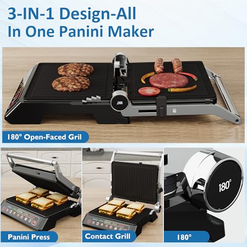 3-in-1 Indoor Grill & Griddle: 180° Flat Opening, Preset Menu, 1600W Electric Panini Press Sandwich Maker with Removable Non-stick Plates, Easy to Clean (Black, 14.25x13.4x5.9″) - size: Extra Large