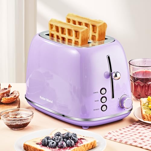 Roter Mond 2 Slice Toaster Retro Stainless Steel with Bagel, Cancel, and Defrost Functions, 6 Bread Shade Settings, Extra Wide Slots and Removable Crumb Tray, Lavender-Purple - color: Purple