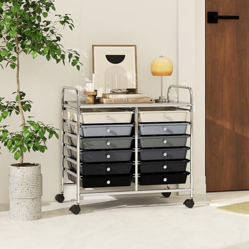 RELAX4LIFE 12-Drawer Rolling Storage Cart - Mobile Utility Cart on Wheels for School Classroom Teacher Office Salon, Paper File Art Supply Craft Organizer, Rolling Cart with Drawers (Gradient Black) - color: Gradient Black, size: 24.5''