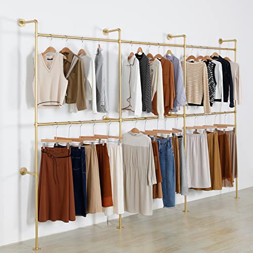 Wall Mounted Industrial Pipe Clothing Garment Racks, Metal Clothing Store Display Stands Clothes Rack Multi-purpose Heavy Duty Hanging Rod for Closet Storage, 134in Gold - color: III-Gold