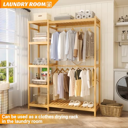 Homykic Bamboo Clothing Rack with 7 Adjustable Shelves, 2 Hang Rods - color: Natural, size: II Medium