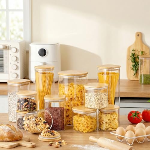 Square Glass Storage Containers with Bamboo Lids for Pasta & Flour, 5 Pack - color: Multi Size 5 Pack