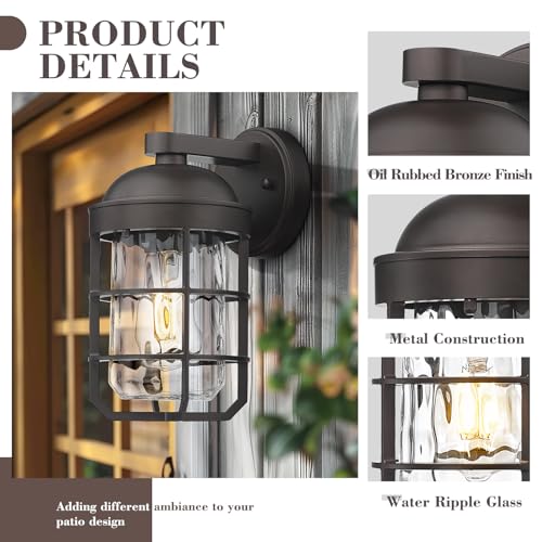 Emliviar Rustic Outdoor Wall Lanterns 2Pcs, Exterior Nautical Wall Sconce, Outside Wall Lamps with Water Ripple Glass in Oil Rubbed Bronze Finish, GE255BL-2PK ORB-WG - color: Oil Rubbed Bronze - Water Ripple Glass, size: 11.3 Inch