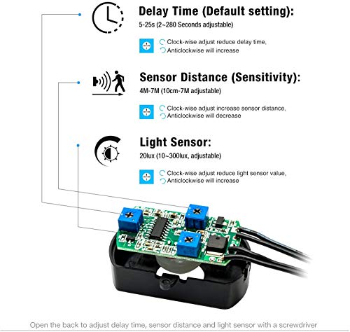 SENSKY BS010L DC 12V to 30V 3A Mini Pir Motion Sensor Switch,Occupancy Sensor Switch for Gun Safe, Kitchen Cabinet, Pantry, Closet led lighting (Black-With Light Sensor) - style: 1 piece