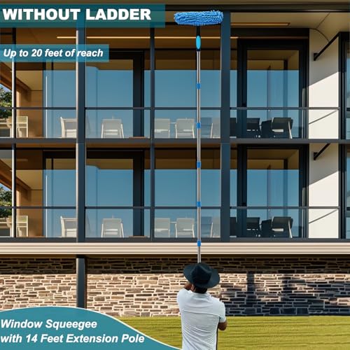 20+ Feet Reach Blue 2 in 1 Window Washing Squeegee & Duster with 3-14 ft Spliceable Extension Pole // Window Cleaning Tool & Window Washer Squeegee for Home Indoor Outdoor Window Washing