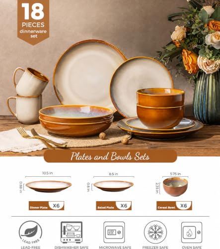 LeRatio Ceramic Dinnerware Sets for 6,18Pcs Porcelain Plates and Bowls Set - color: Dreamy Moonlight-Kahki, size: Service for 6-18pcs