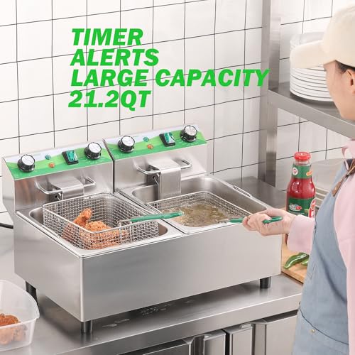 NUPANT 20L/21.2QT Commercial Deep Fryer with Timer Dual Tank Electric Countertop Fryer with Double Baskets and Lids, Temp Control, 3400W/110V Stainless Steel Large Deep Fryer for Restaurant Kitchen - size: 20L