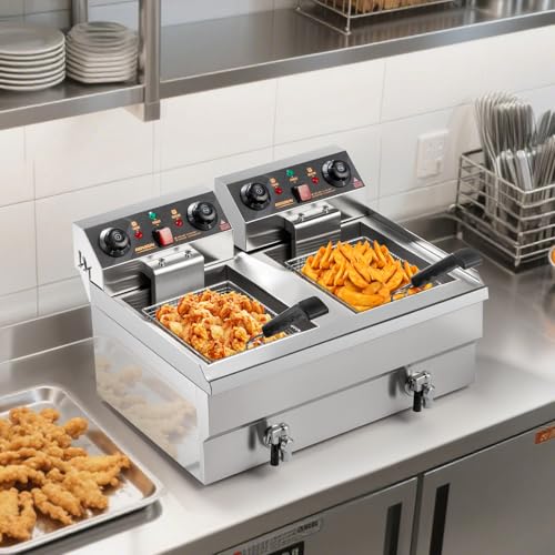 ROVSUN 24.9QT Electric Deep Fryer with Baskets, Timer Drains & Lids, 3400W Commercial Deep Fryer, Dual Tank Kitchen Countertop Frying Machine, Adjustable Temperature for Home Restaurant - size: Double Fryer with Timer & Drain-24.9QT