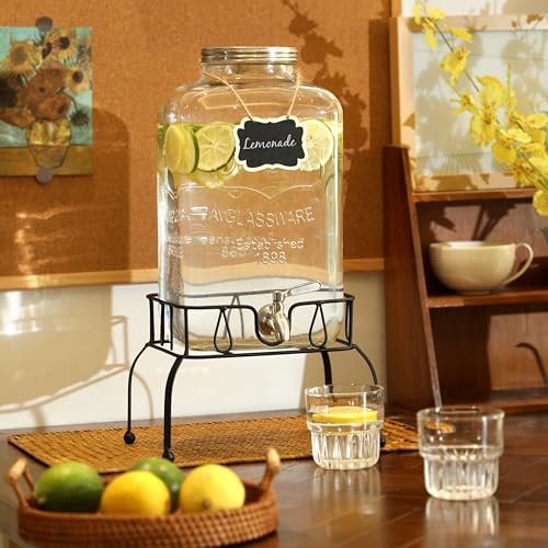 2 Gallon Glass Drink Dispenser with Stand, Stainless Steel Leakproof Spigot and Lid, Glass Drink Dispensers for Parties, Water Beverage Dispenser - size: 2 Gallon With Stand