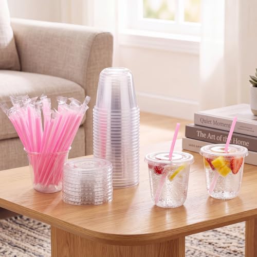 Ziliny 50 Pack 10 oz Plastic Cups with Lids Straws Iced Coffee, Pink - color: Pink, size: 10 oz