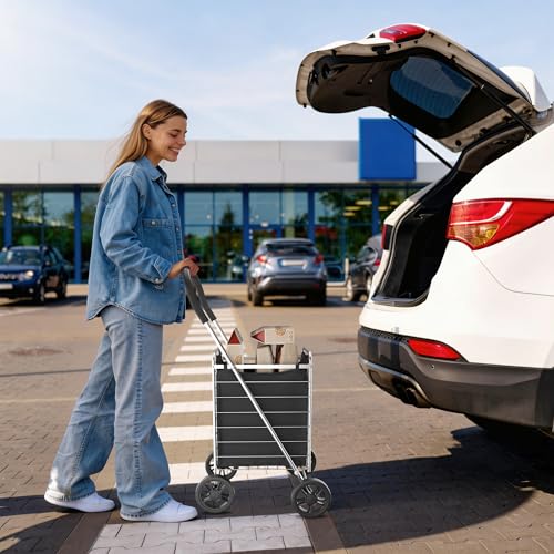 Whitmor Foldable Utility Shopping Cart with Wheels, 60Lb Capacity, Heavy Duty Grocery Cart with Steel Frame, Foam Handle, Rolling Utility Cart for Grocery, Laundry, Travel, Sliver/w Liner - size: 18.5"L x 18.5"W x 35"H,Sliver w/Liner