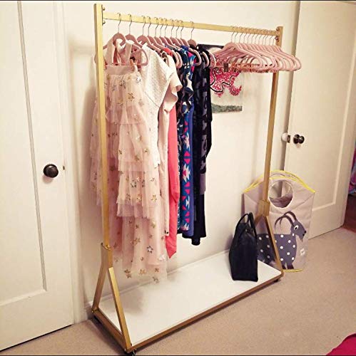 Clothing Store Modern Simple Metal Rolling Garment Rack with Wheels,Retail Display Rack with Wood, Single Rod Floor-Standing Hangers Dress Clothes Shelves (Gold Square Tube, 47.2 L)