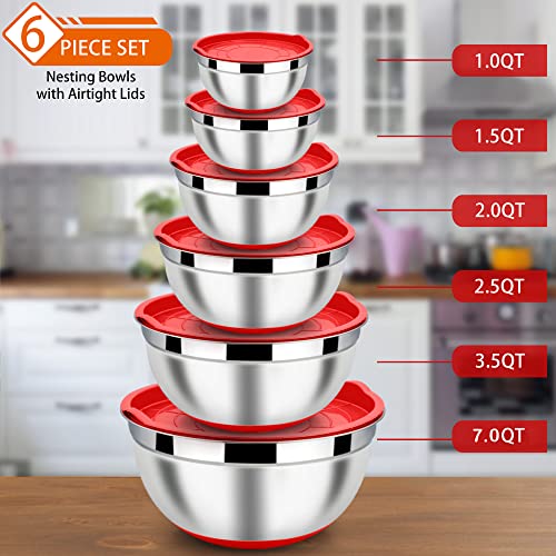 LIANYU Mixing Bowls Set of 6 with Airtight Lids, Non-slip Bottom - color: Red, style: Anchor Base with Airtight Lids