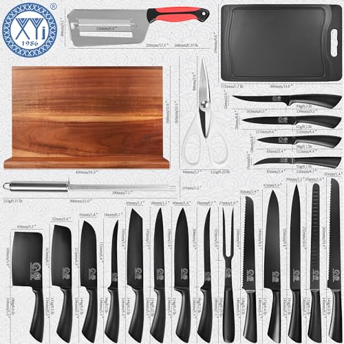 XYJ Knife Block Set,Chef Knives Set with Wooden Magnetic Knife Block - color: Full Black, size: 23 in 1 with block