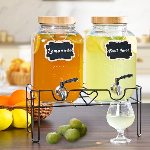 2 Pack 1 Gallon Glass Drink Dispensers for Parties with Stand, Fruit Infusers, Bamboo Lids and Stainless Steel Spigots, Beverage Dispenser Set for Lemonade, Juice, Iced Tea,Kombucha(Natural) - color: Natural