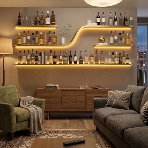 63in Gold Wall Mounted Wine Rack with LED Lights - color: Gold, size: 63in