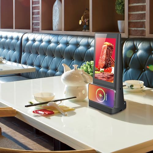 WeADS Digital Table Tent,Sign Holder by WFI Connected,Double Touch Screen Table Talker with 23200mAH Battery and Wireless Phone Charger for Restaurant Business Store Bar (Black) (FYD-06-23200mAH)