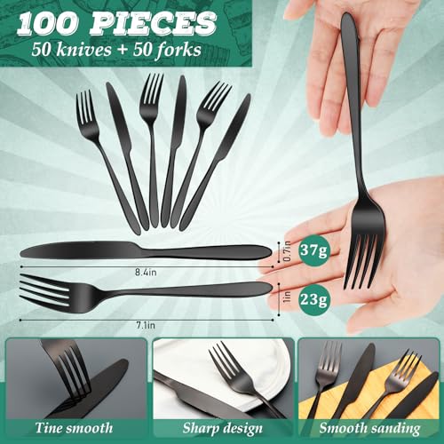 Nuenen 100 Pieces Stainless Steel forks and knives Dinner Flatware Set Tableware Cutlery for Butter Kitchen Restaurant, Dishwasher Safe(Black,8.4 Inches, 7.1 Inches) - color: Black, size: 8.4 Inches, 7.1 Inches