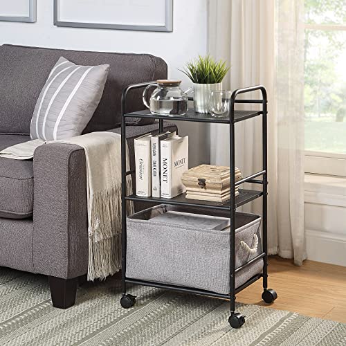 SunnyPoint 3-Tier Rolling Utility Cart – Metal Storage Organizer with Wheels, Mobile Kitchen Cart, Office & Home Organizer, Black, 12" D x 16.92" W x 31.1" H - color: Blk