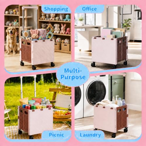 Foldable Shopping Cart with Wheels: Cat-Style Rolling Utility Crate - color: Khaki