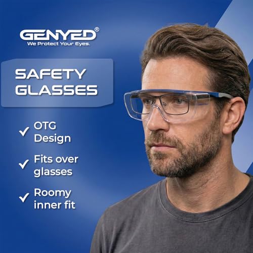 GENYED Safety Glasses Over Eyeglasses, ANSI Z87+, Anti-Fog, Scratch-Resistant, UV Protection, Adjustable Temples, Wraparound Fit Over Prescription Eyewear
