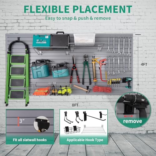 FRAYSCENT Slat Wall Paneling Garage Slat Wall Storage Systems Slatwall Panels Power Tool Organizer Wall Mount, PVC Garage Storage & Organization Products Slate Board (Grey, 4ft x 8ft with 15 Hooks) - color: Grey, size: 8x4ft(15hooks)