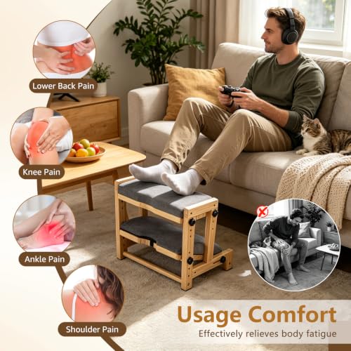 Double Step Foot Rest Under Desk, 8-Level Dual Adjustable Under Desk Foot Rest– 4 Height + 4 Angle Settings, Ergonomic Leg Rest with Cushion for Posture Support, Home Office & Gaming, Natural Wood