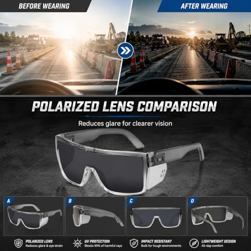 Polarized Safety Sunglasses, UV400 Protection, ANSI Z87.1 Wraparound Protective Eyewear - color: Grey Smoke