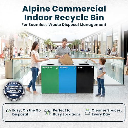 Alpine Commercial Indoor Recycle Bin with Lid - 29 Gallon Blue Recycle Bin Recycle Trash Can Office Recycling Bins, Metal Recycling Container with Stickers & 3 Optional Lids Sold Separately - color: Blue Can
