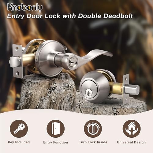 Knobonly 2 Pack Wave Handle Keyed Entry Door Lever Lock for Exterior Door with Lock and Key and Double Cylinder, Reversible for Right & Left Side, Keyed Alike Satin Nickel - color: Satin Nickel, size: 2 Pack, style: Double Cylinder